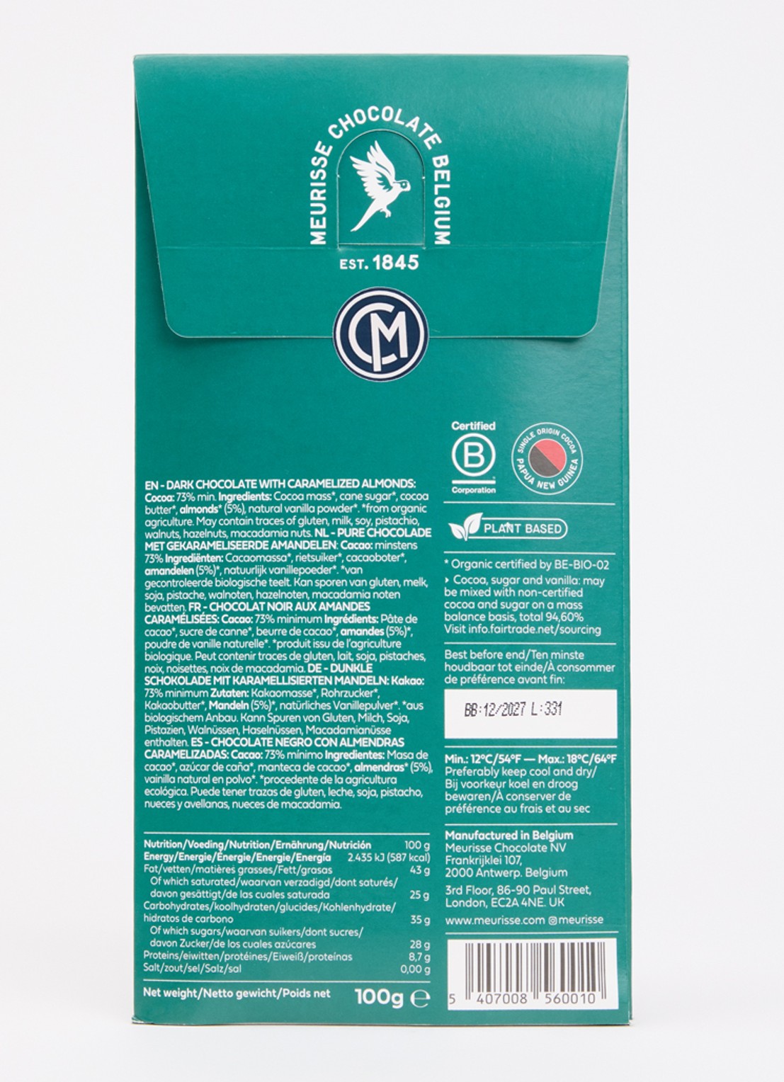 Meurisse Caramel and Almonds pure chocoladereep 100 gram - achterkant undefined