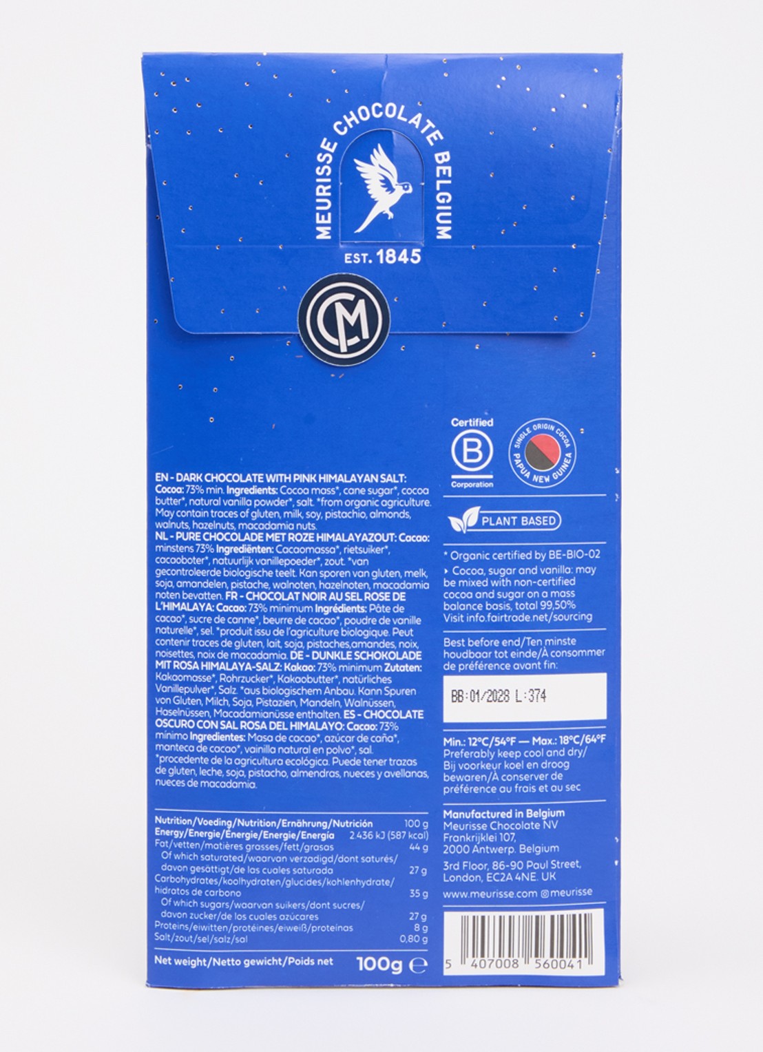 Meurisse Himalayan Salt pure chocoladereep 100 gram - achterkant 3 undefined