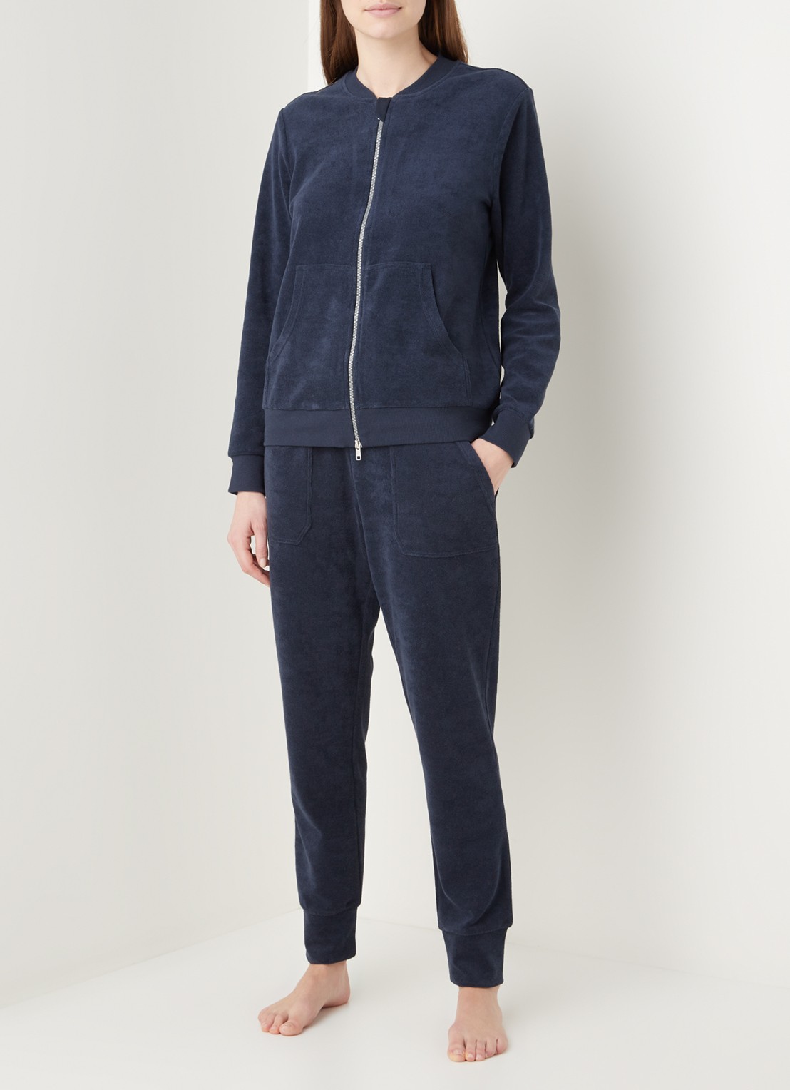 Mey Dunja mid waist tapered fit loungebroek van badstof - voorkant 2 donkerblauw