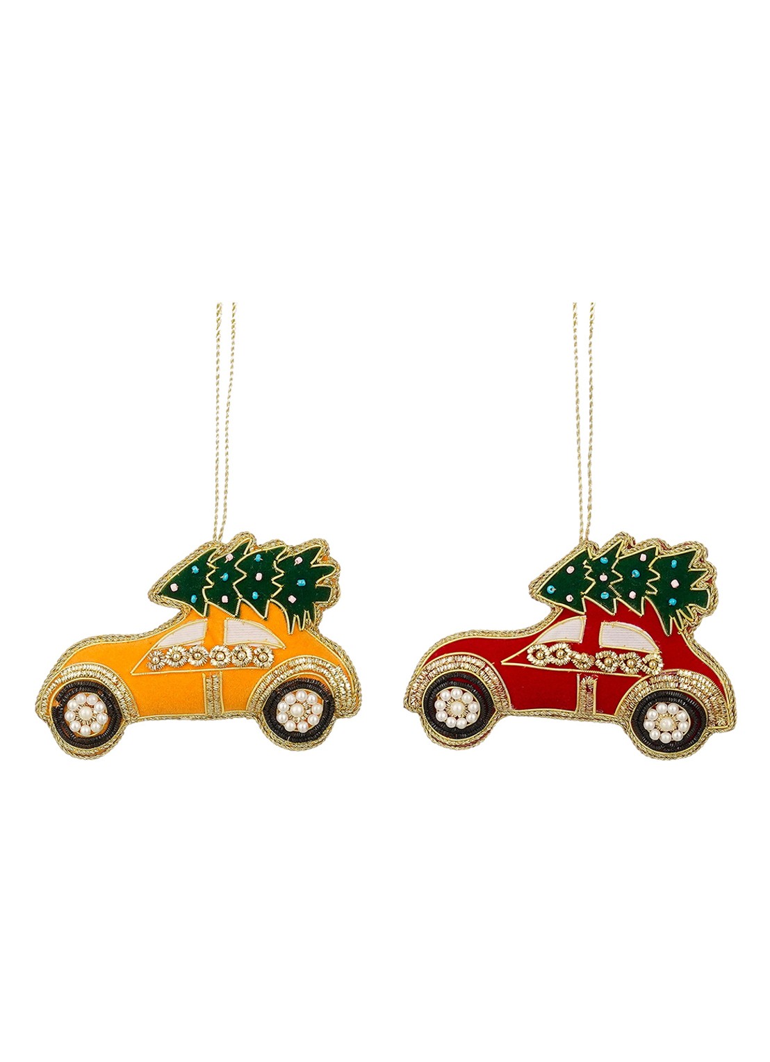 Mica Decorations Kerstboom op auto kersthanger 11 cm set van 2 - voorkant rood