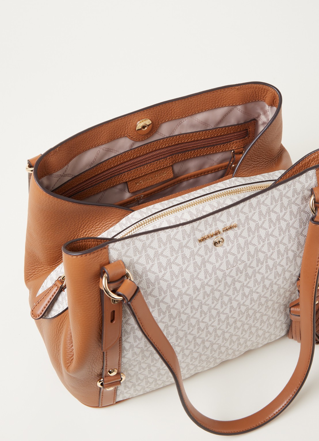 Michael Kors Carrie Large schoudertas met logoprint - detail vanillegeel