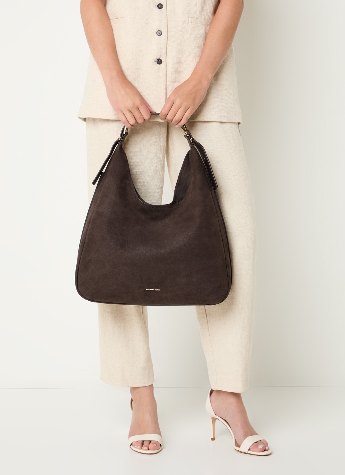 Michael Kors Nolita Large schoudertas van nubuck met verstelbare schouderriem - voorkant 3 donkerbruin