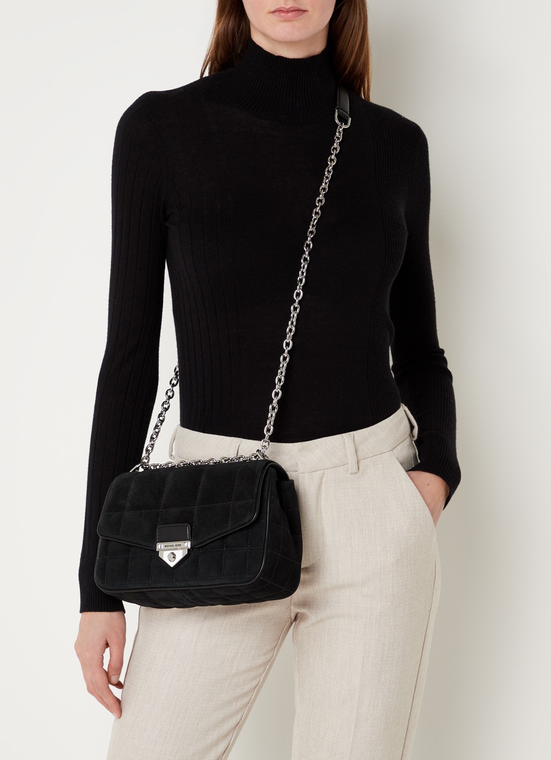 Michael Kors SoHo Large schoudertas met leren details - voorkant 3 zwart