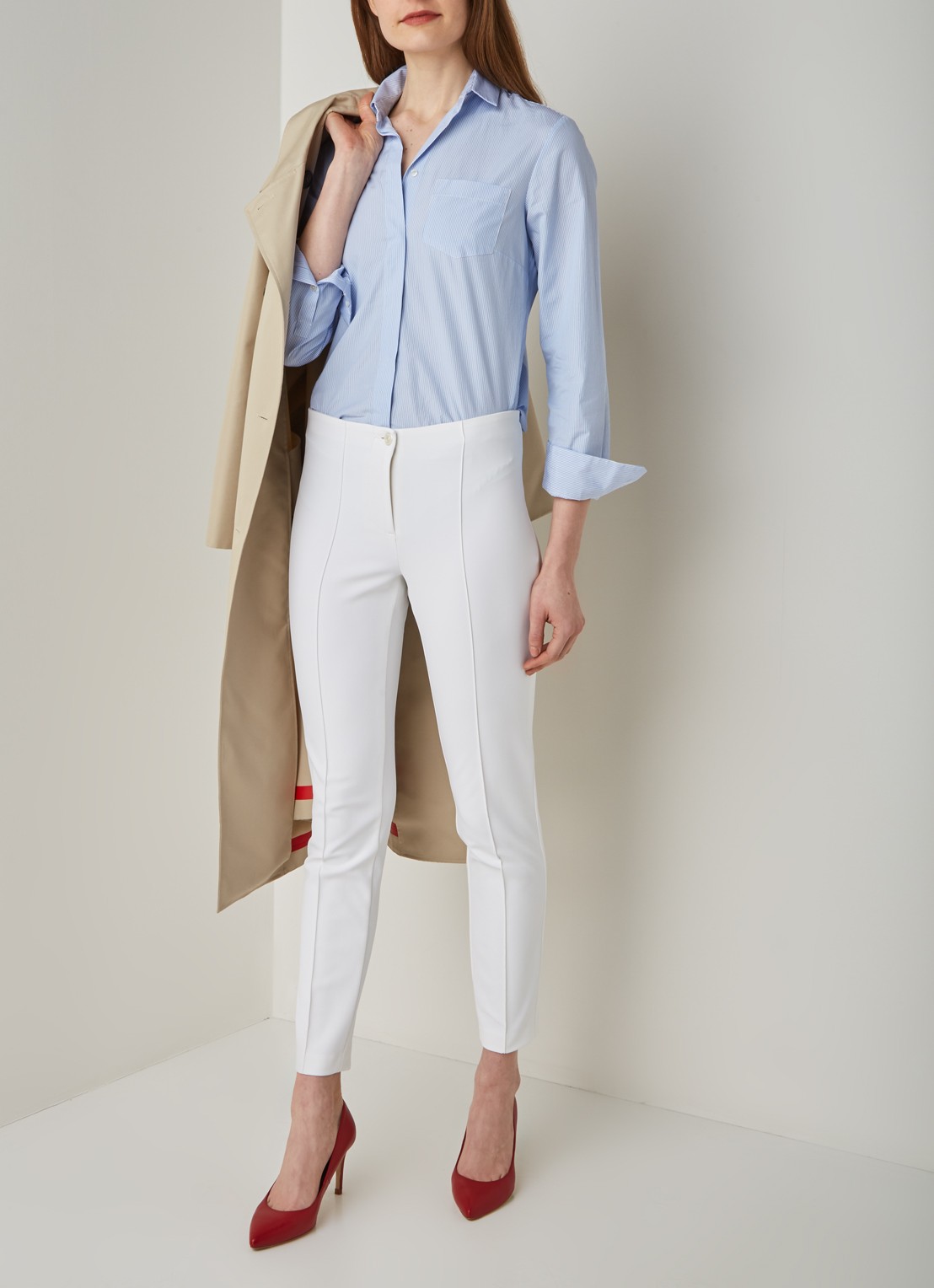 Mid waist slim fit pantalon met siernaad - voorkant 3 wit