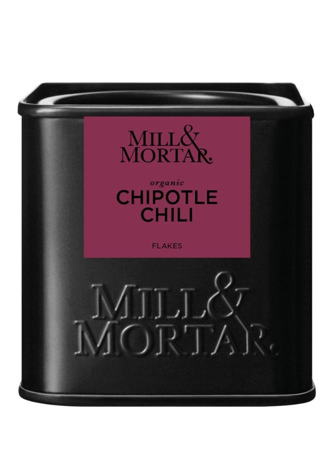 Mill & Mortar Chipotle chilivlokken 40 gram - voorkant zwart