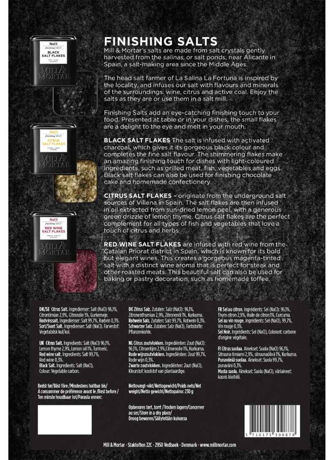Mill & Mortar Finishing Salts zout in geschenkverpakking 230 gram - achterkant zwart