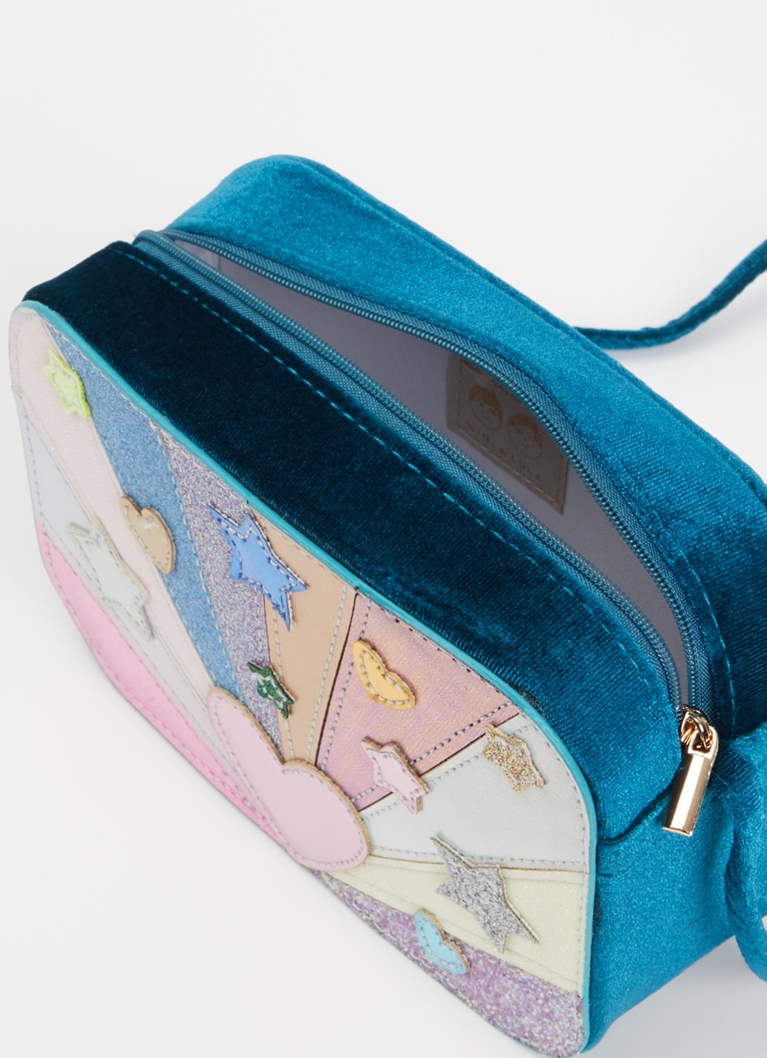Mimi & Lula Heartburst crossbodytas van fluweel met glitter - detail zeegroen