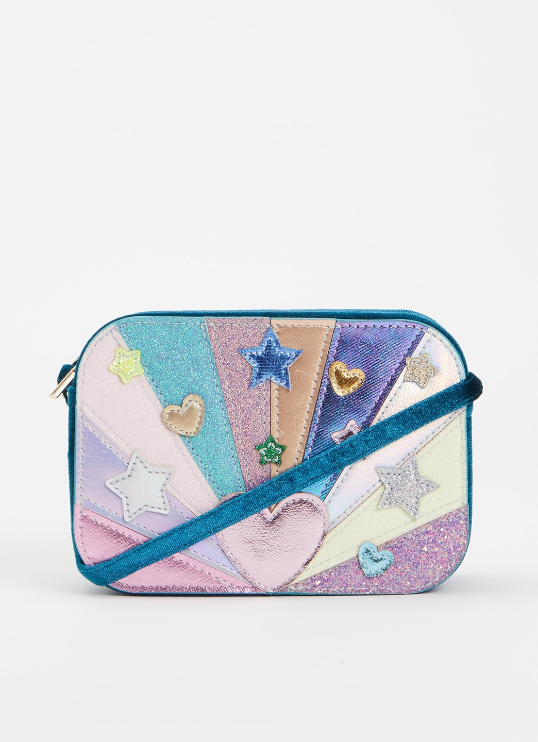 Mimi & Lula Heartburst crossbodytas van fluweel met glitter - voorkant 4 zeegroen