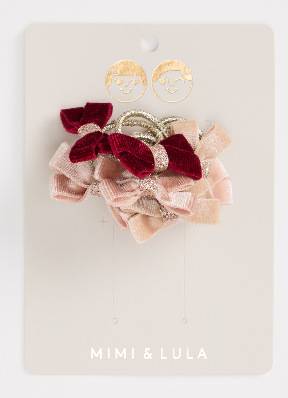 Mimi & Lula Velvet Bow set van haarelastiekjes 8-delig - voorkant 2 lichtroze