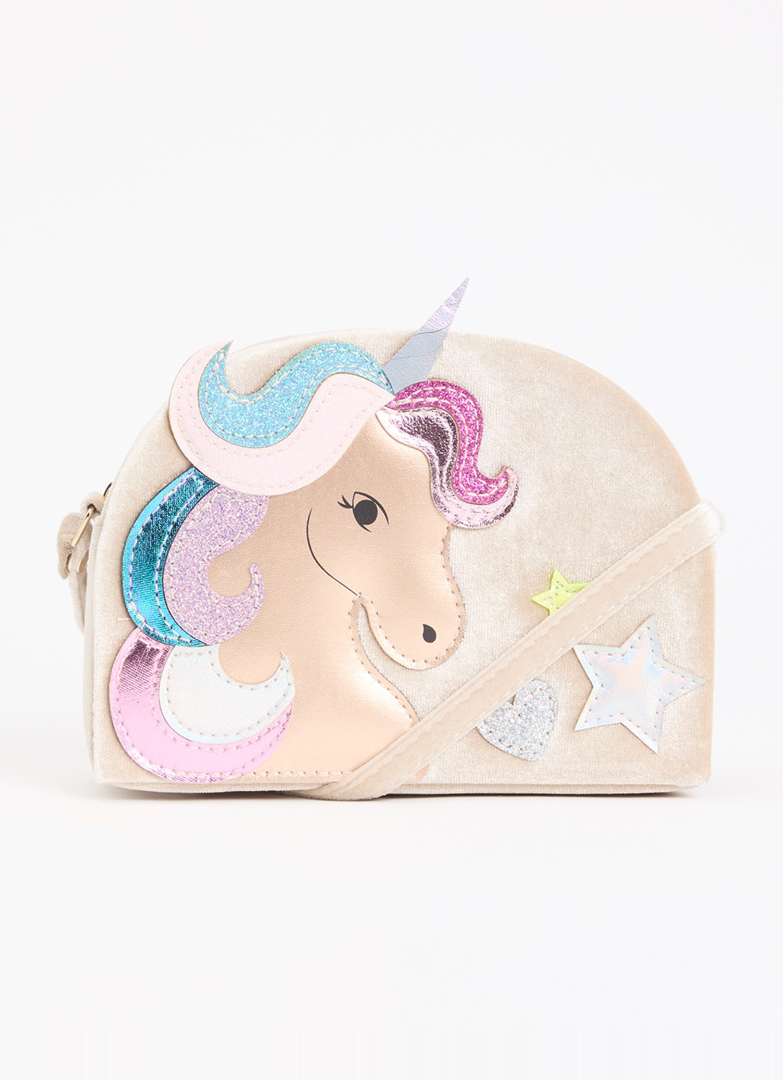 Mimi & Lula Velvet Unicorn crossbodytas met applicatie - voorkant 5 beige