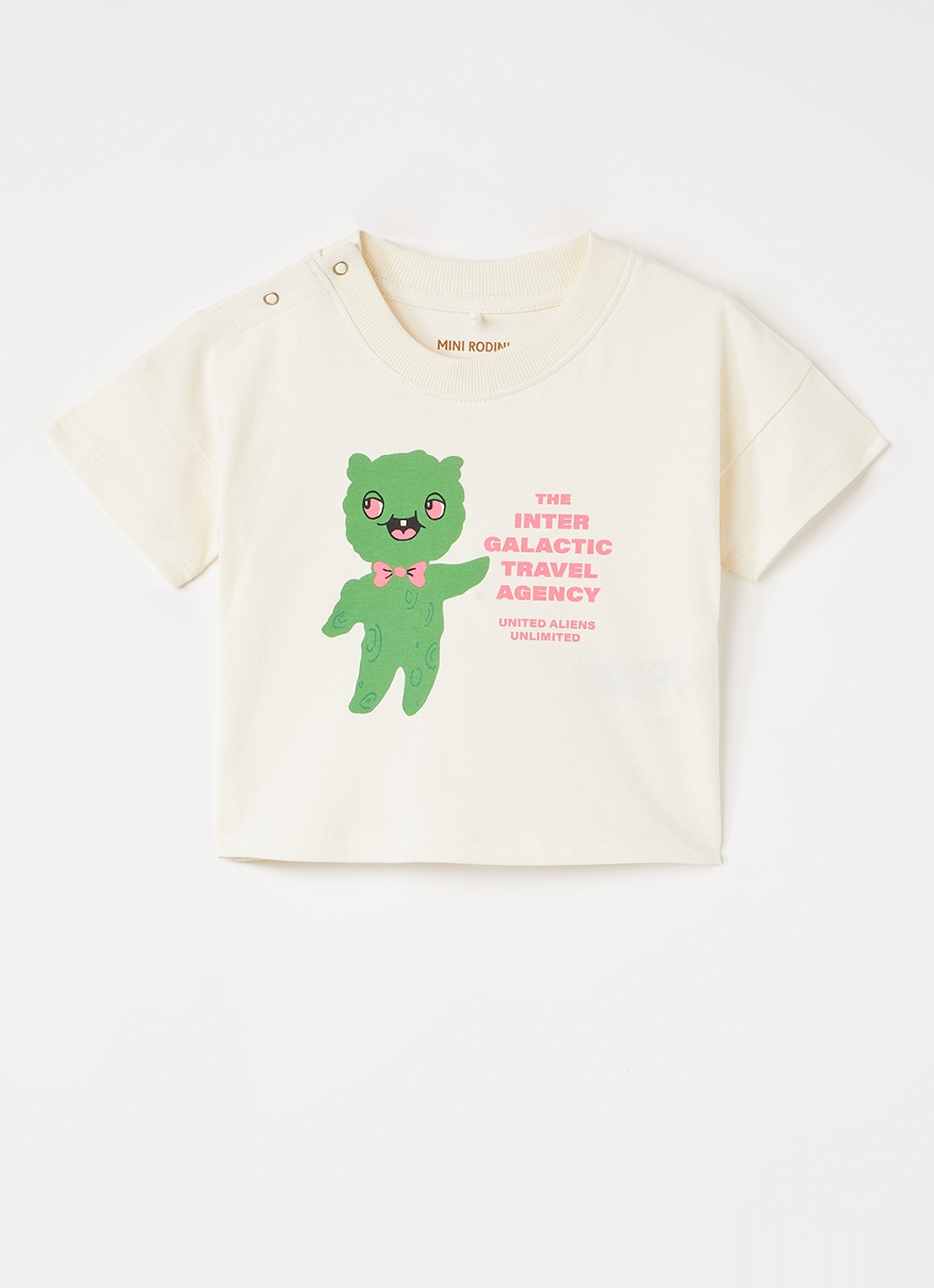 Mini Rodini Alien Travel Agency T-shirt met print - voorkant gebroken wit