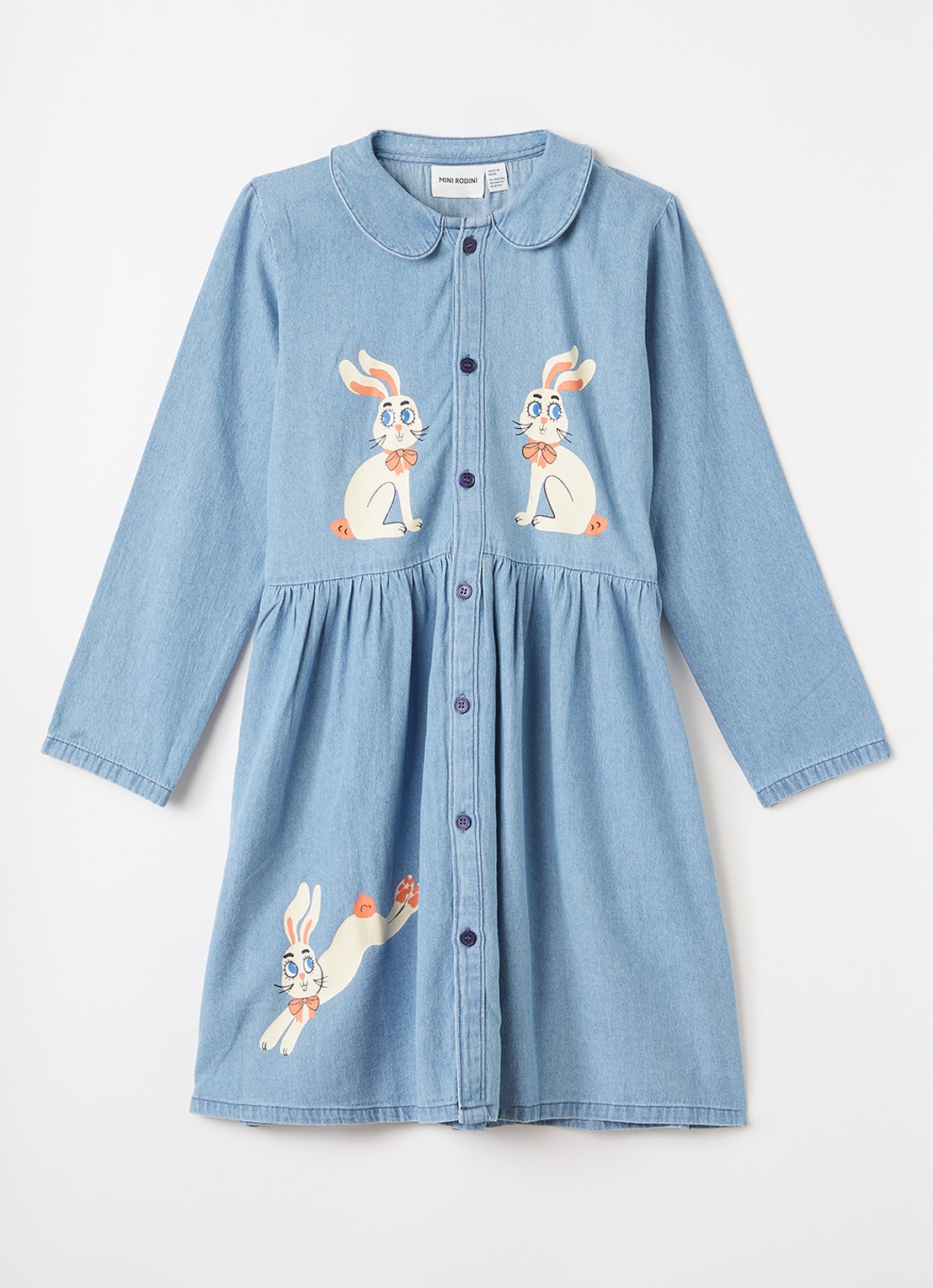 Mini Rodini Denim Rabbit blousejurk van denim met print - voorkant 2 indigo