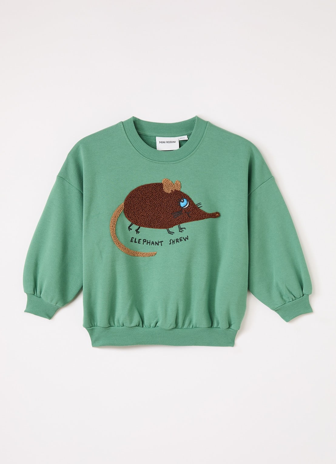 Mini Rodini Elephant Shrew sweater met borduring - voorkant groen
