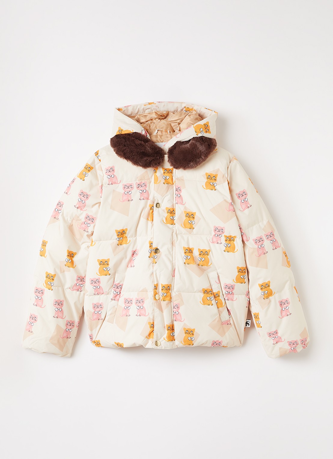 Mini Rodini Kittens puffer jack met details van imitatiebont - voorkant 2 beige