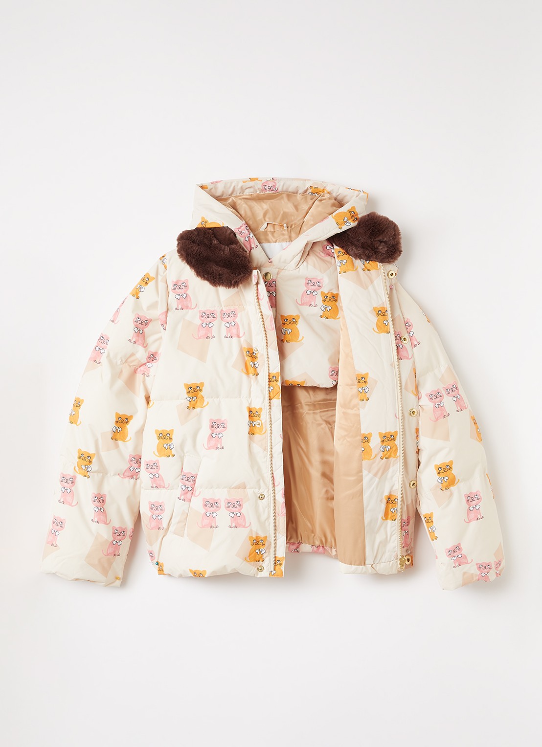 Mini Rodini Kittens puffer jack met details van imitatiebont - voorkant 3 beige