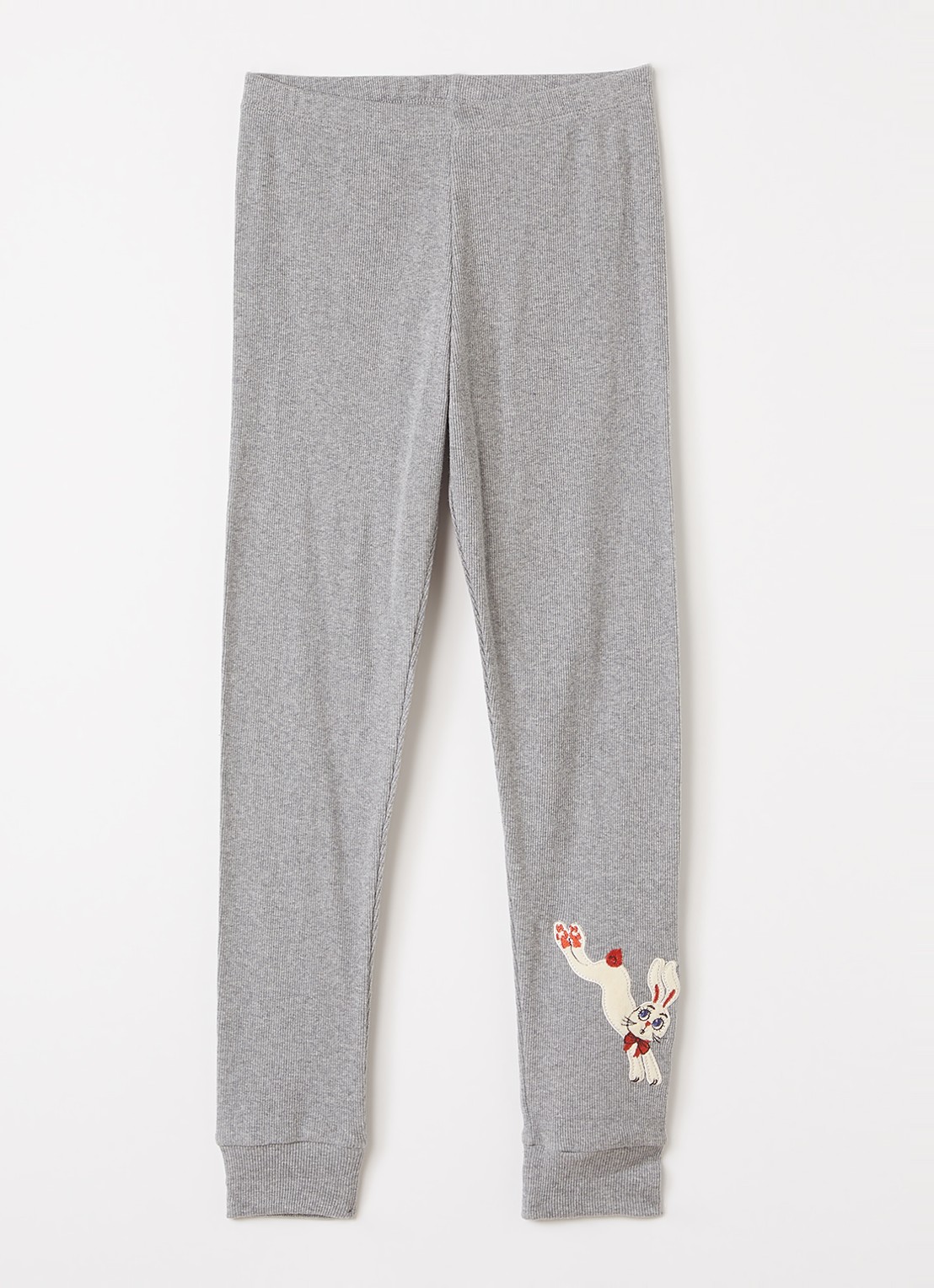 Mini Rodini Rabbit Application ribgebreide slim fit legging met applicatie - voorkant 2 middengrijs