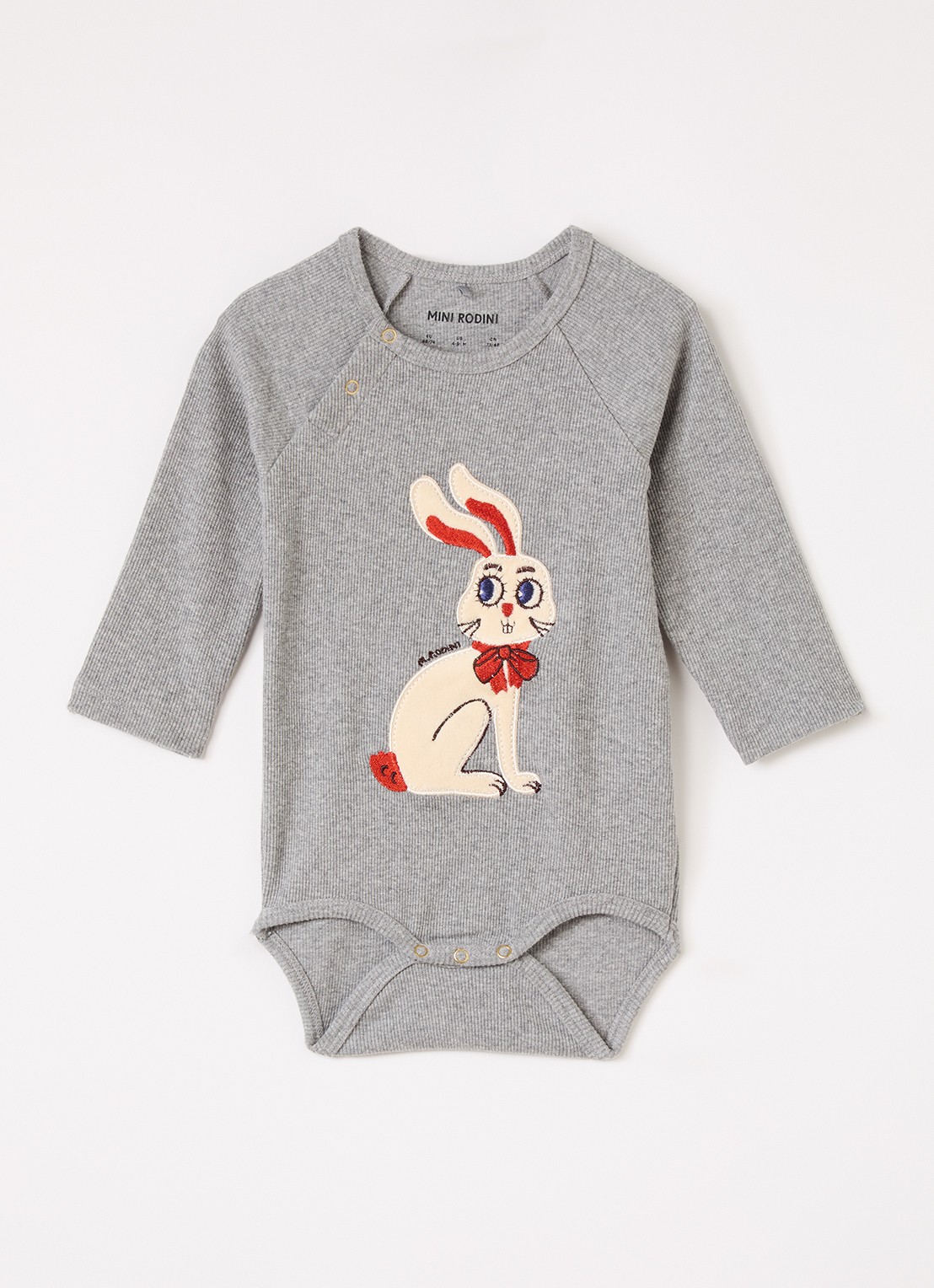 Mini Rodini Rabbit Application romper met flockprint en borduring - voorkant grijs