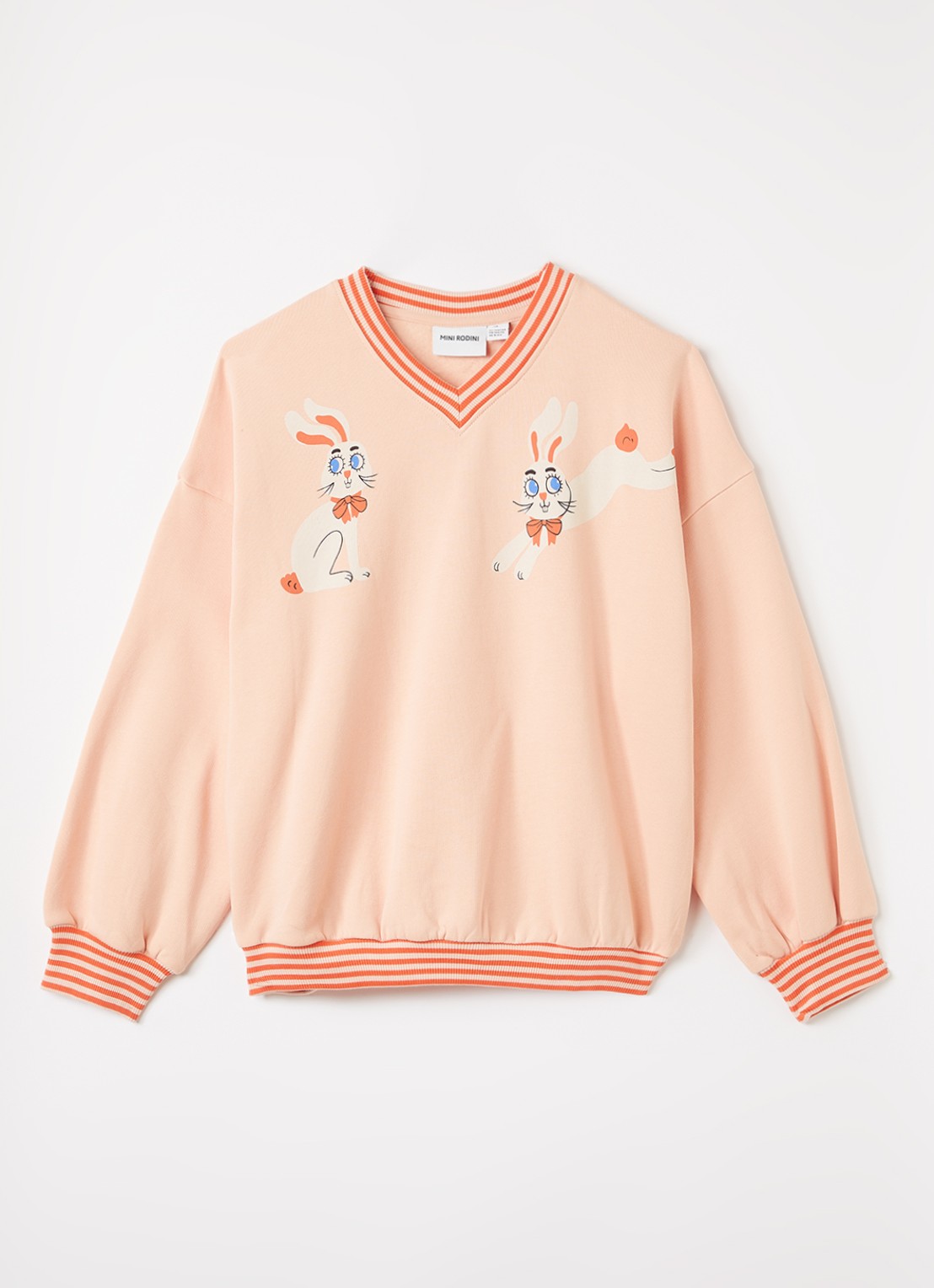 Mini Rodini Rabbits sweater met V-hals en print - voorkant 2 perzikroze