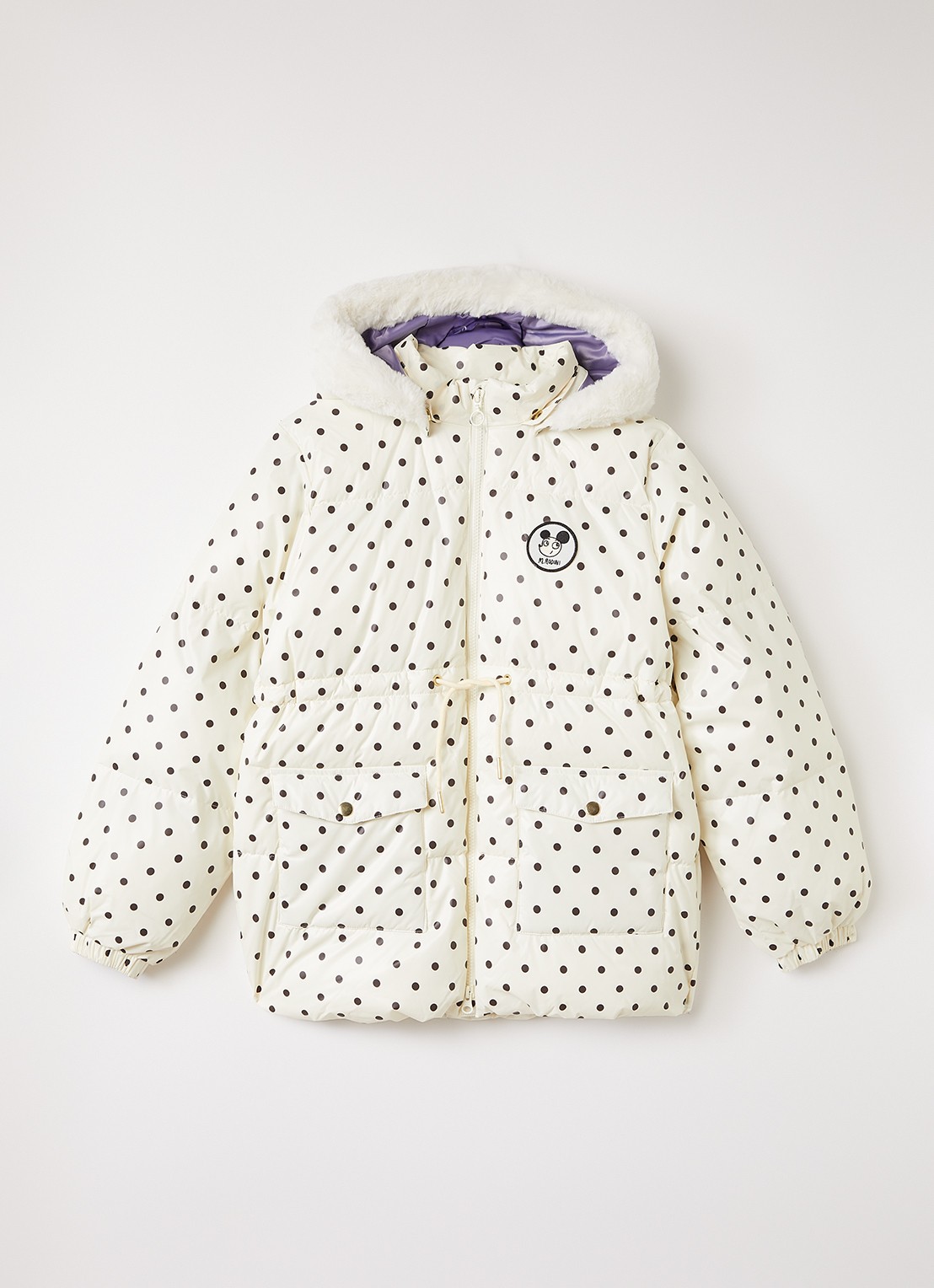 Mini Rodini Ritzratz pufferjack met stippenprint - voorkant gebroken wit