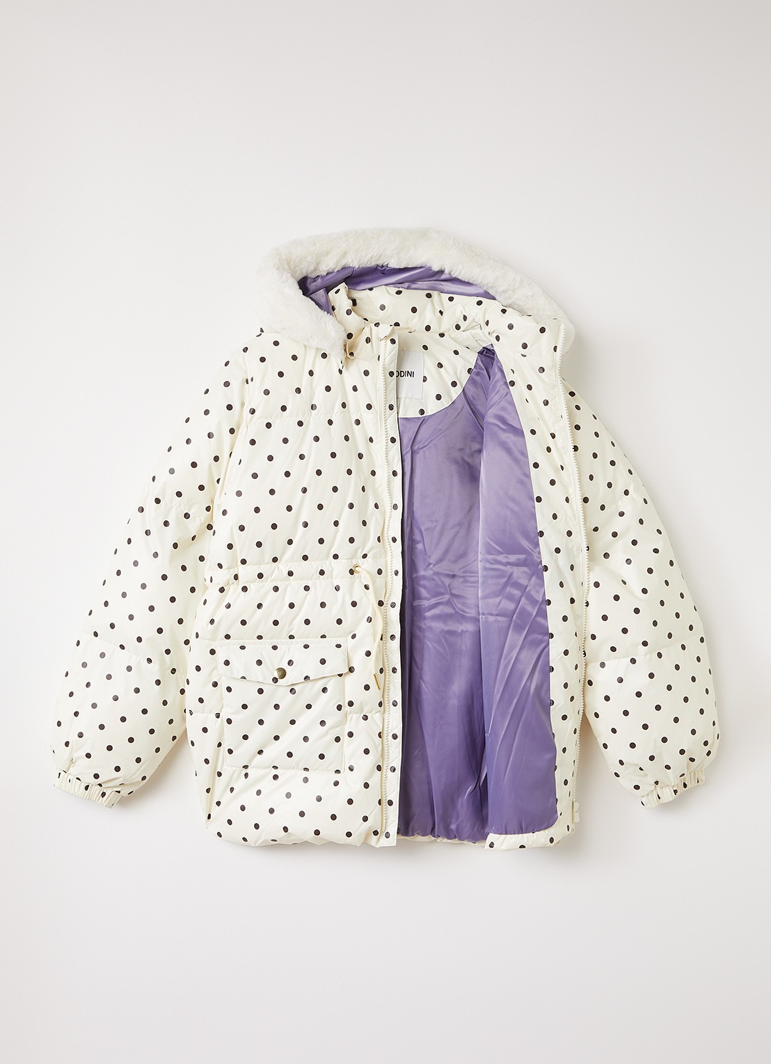 Mini Rodini Ritzratz pufferjack met stippenprint - voorkant 2 gebroken wit
