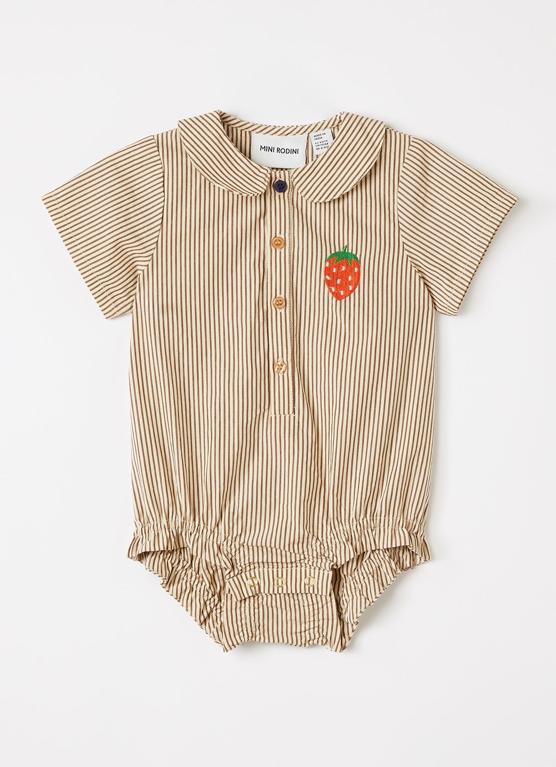 Mini Rodini Romper met streepprint - voorkant camel