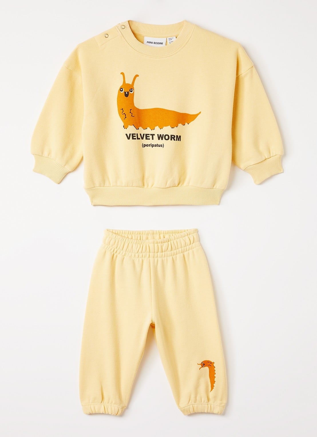 Mini Rodini Velvet Worm set van sweater met joggingbroek 2-delig - voorkant geel