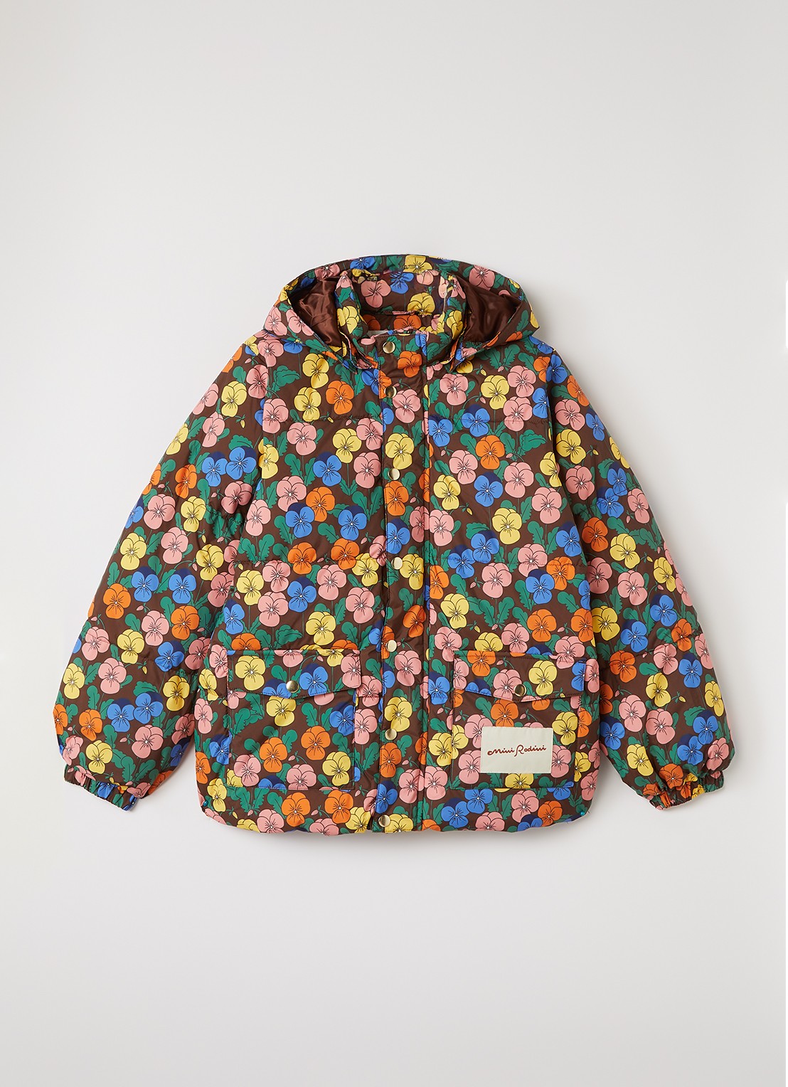 Mini Rodini Violas puffer jack met bloemenprint - voorkant bruin