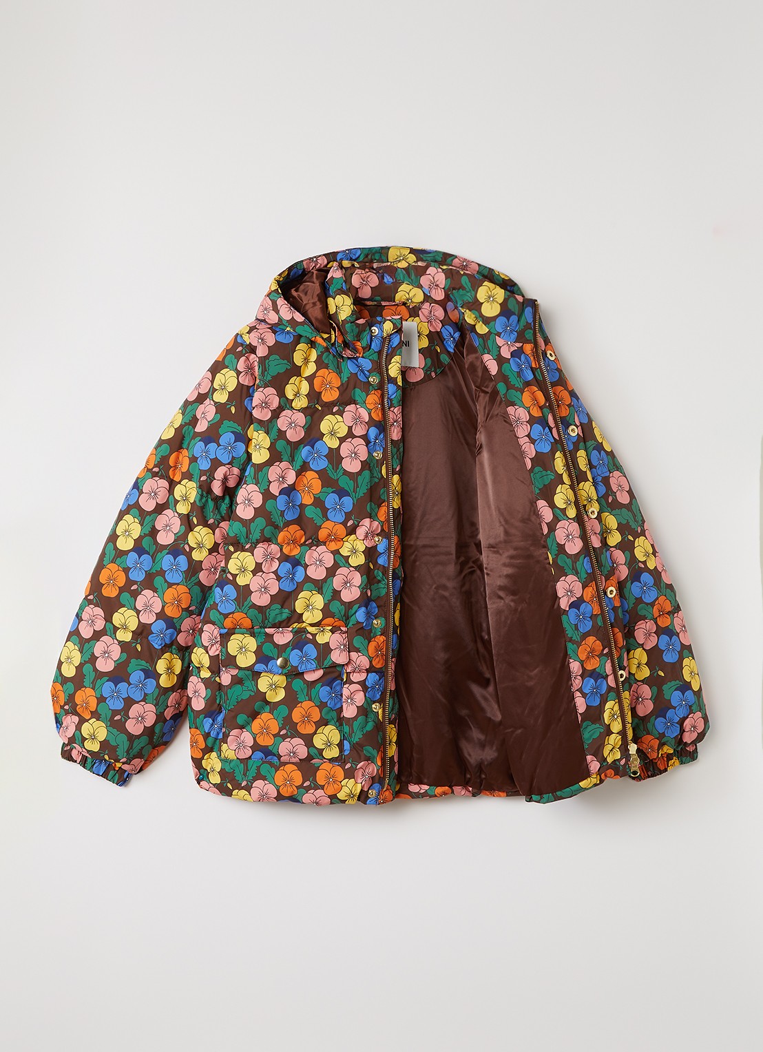 Mini Rodini Violas puffer jack met bloemenprint - voorkant 2 bruin