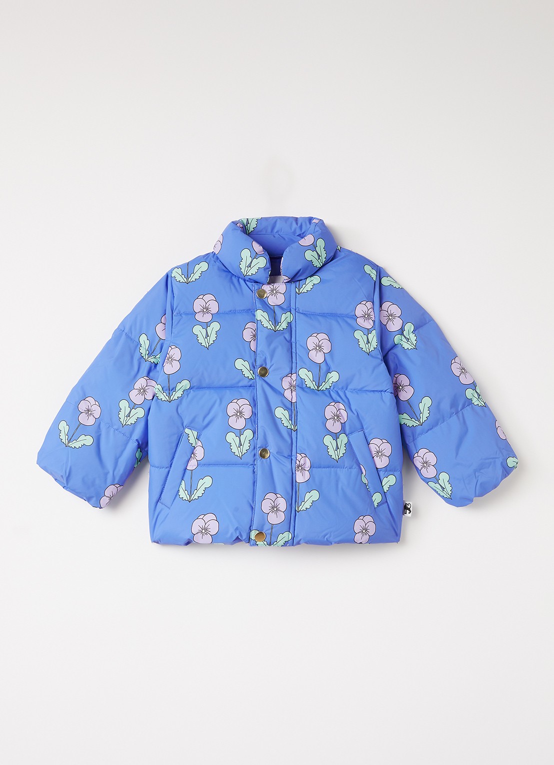 Mini Rodini Violas pufferjack met bloemenprint - voorkant blauw