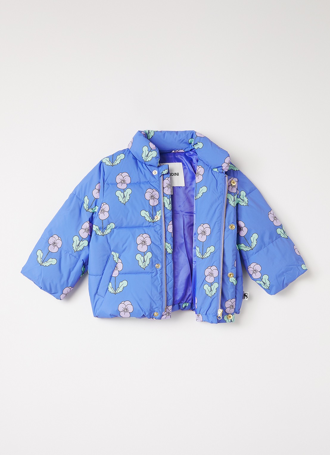 Mini Rodini Violas pufferjack met bloemenprint - voorkant 2 blauw