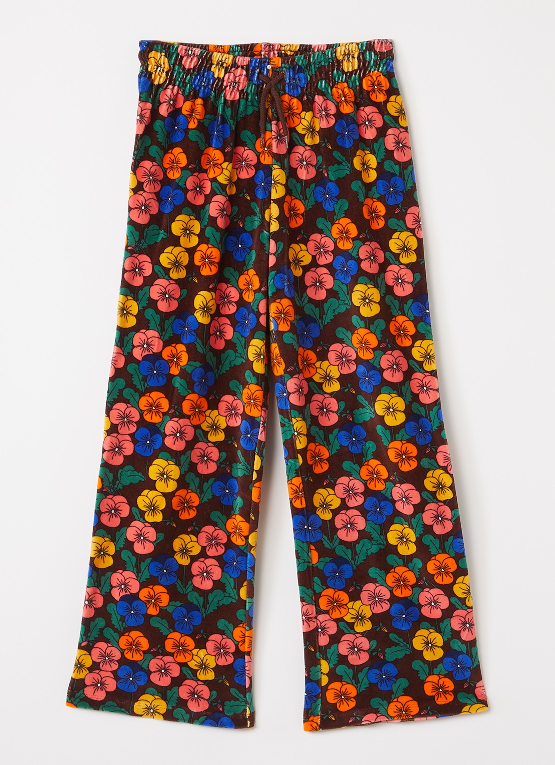 Mini Rodini Violas wide fit joggingbroek van fluweel met bloemenprint - voorkant roodbruin