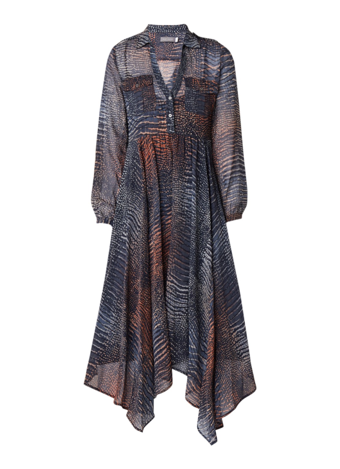 Mint Velvet Marlee midi-jurk van chiffon met slangendessin  - voorkant donkerblauw
