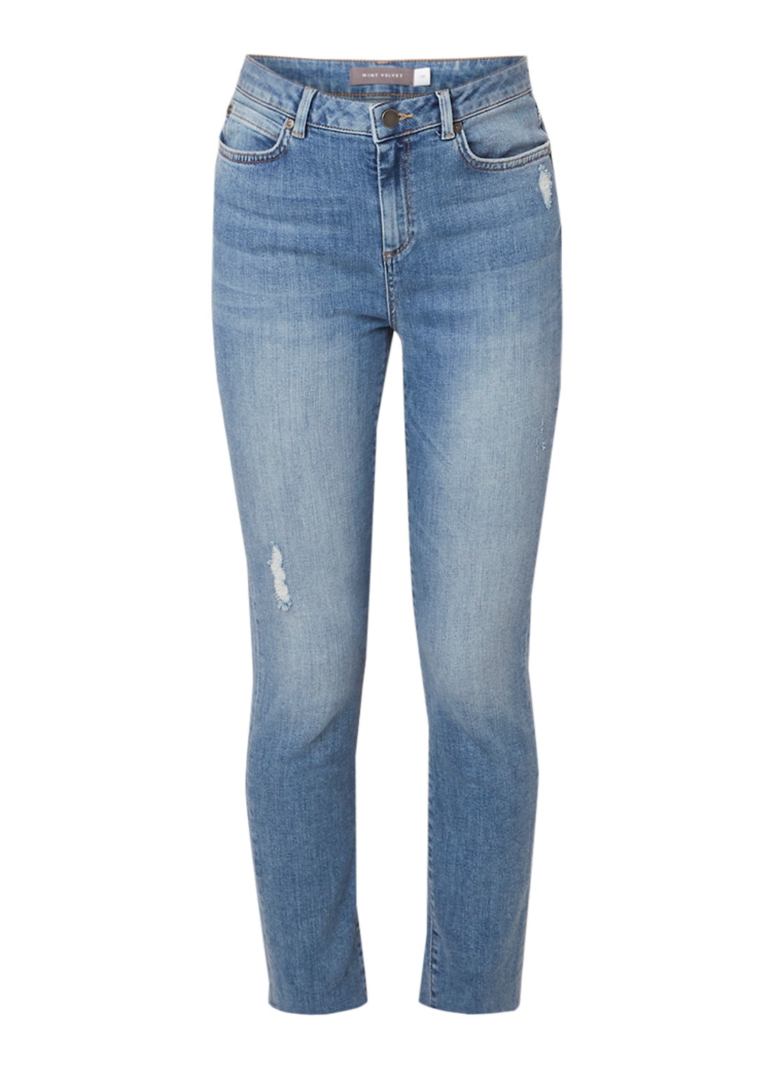 Mint Velvet Mint Velvet Mid waist straight fit jeans met gerafelde zoom - voorkant indigo