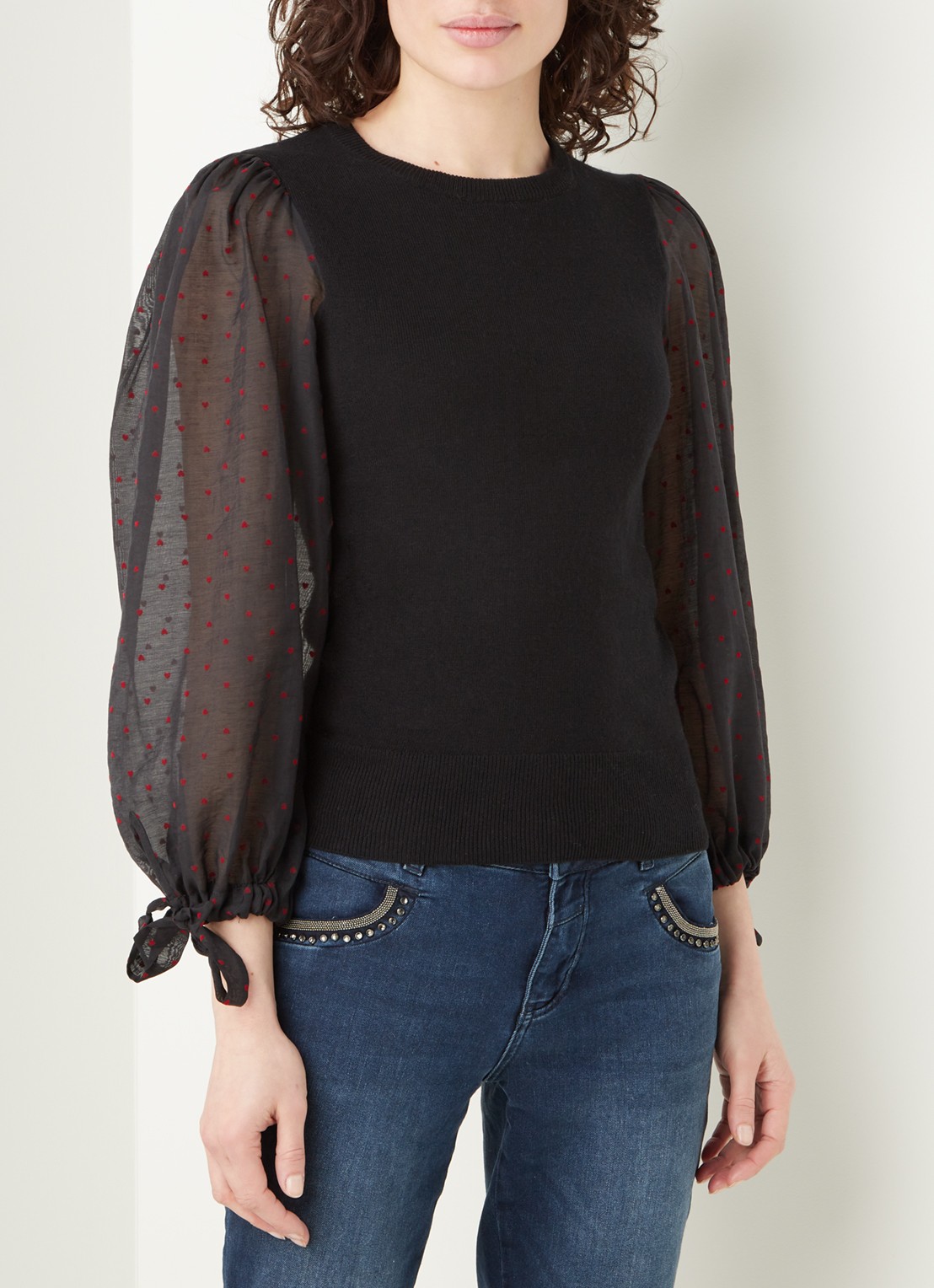 Mint Velvet Top in kasjmierblend met pofmouw - detail 4 zwart