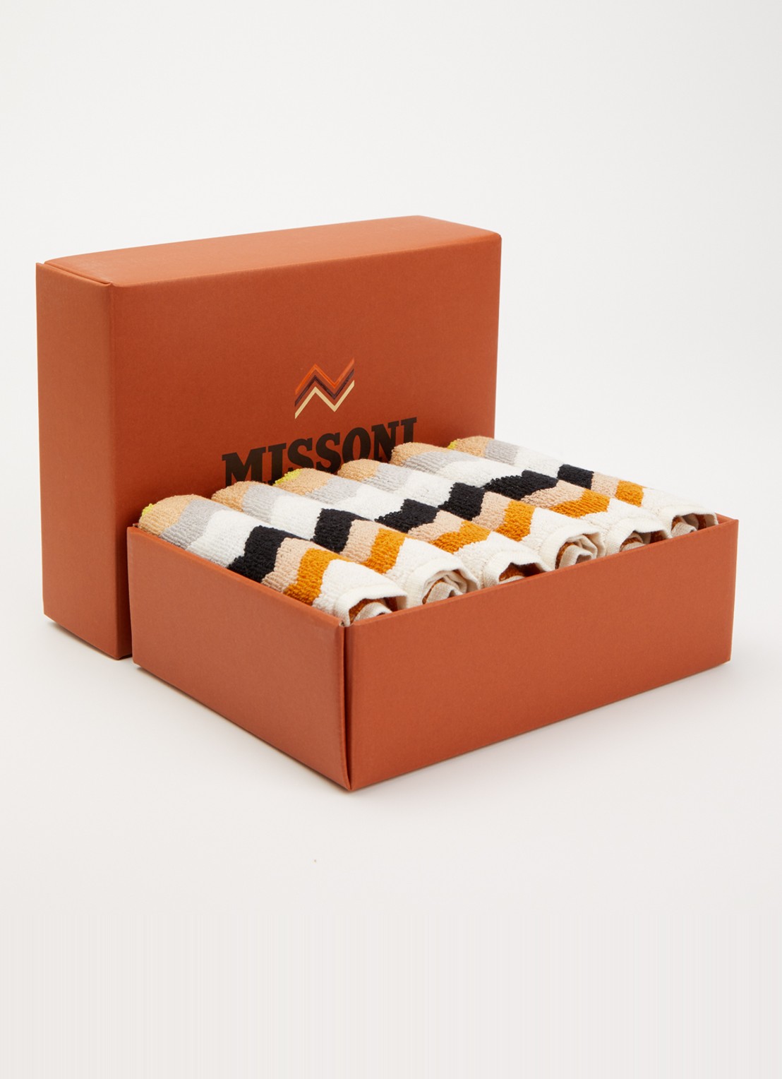 Missoni Best gastendoek - 30 x 30 cm set van 6 in geschenkverpakking - voorkant 3 oranjebruin