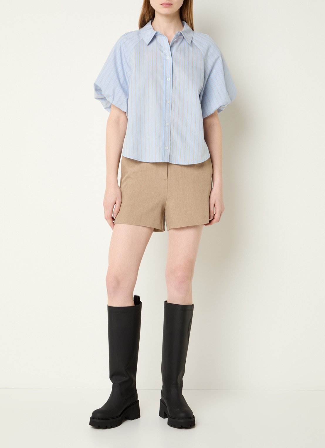 Modström Augusta blouse met ballonmouw en streepprint - voorkant 4 lichtblauw