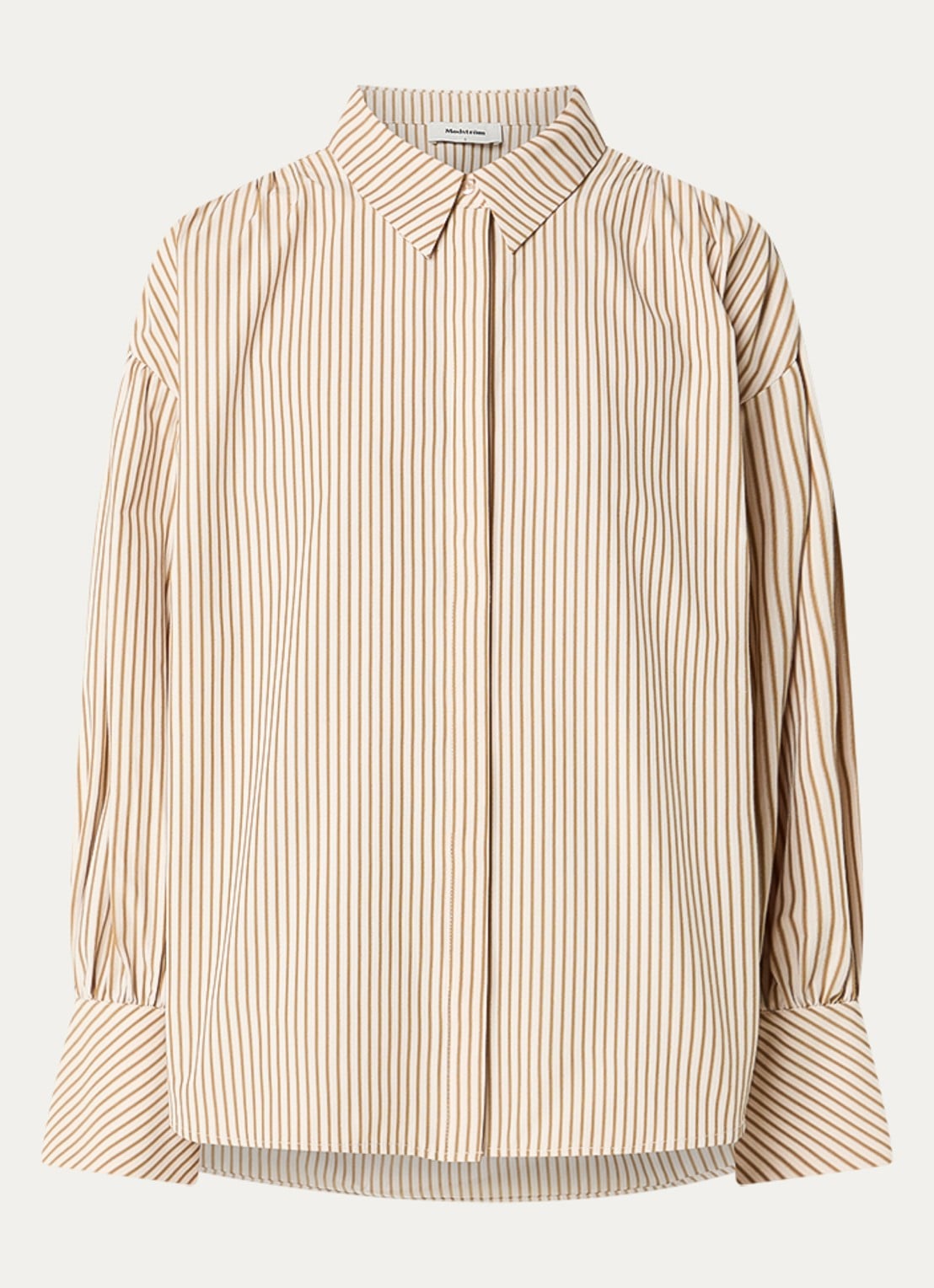 Modström Baldvin blouse met trompetmouw en streepprint - voorkant 2 donkerbeige