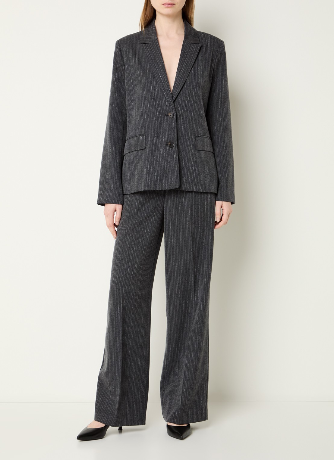 Modström Birna mid waist wide fit pantalon met krijtstreep - voorkant 2 antraciet