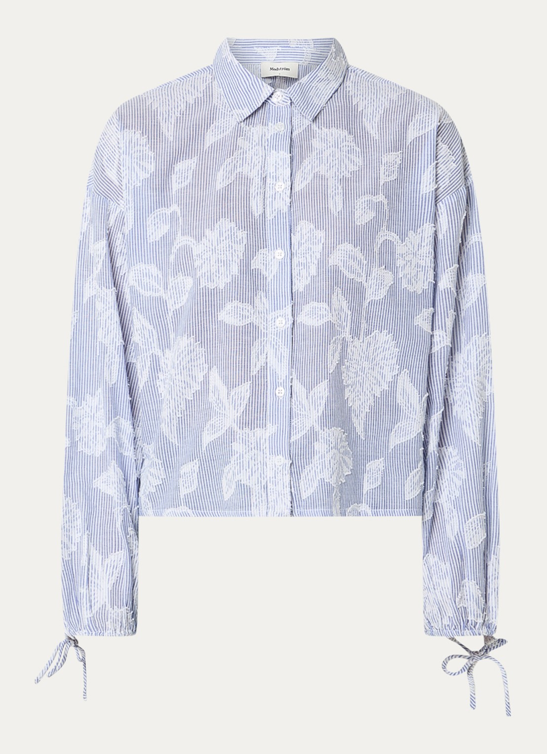 Modström Christan blouse met streepprint en bloemborduring - voorkant blauw