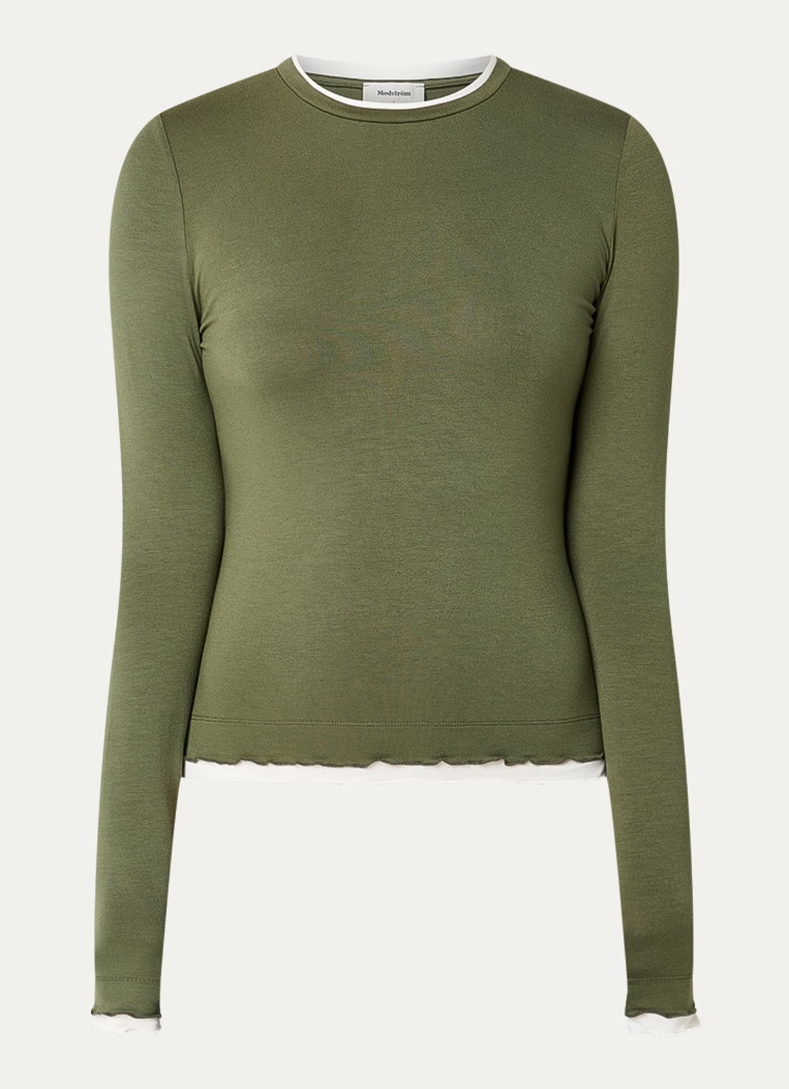 Modström Cilja longsleeve met ruches - voorkant olijfgroen