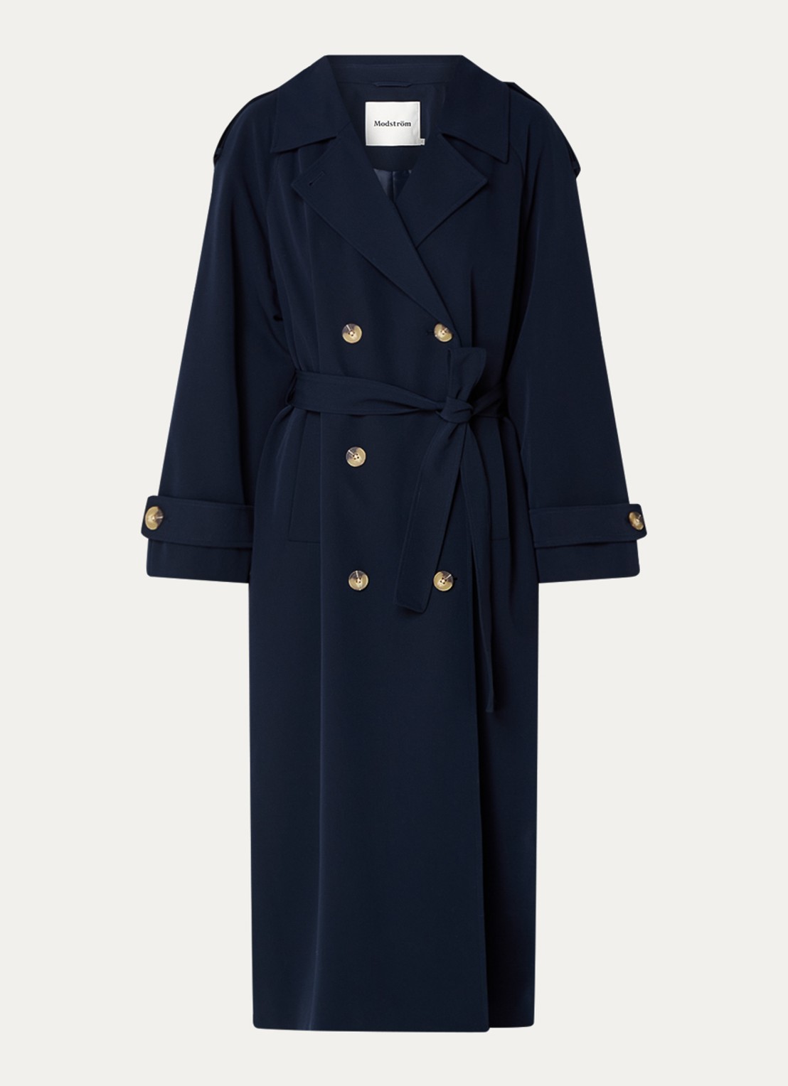 Modström EvieMD trenchcoat met steekzakken en ceintuur - voorkant donkerblauw