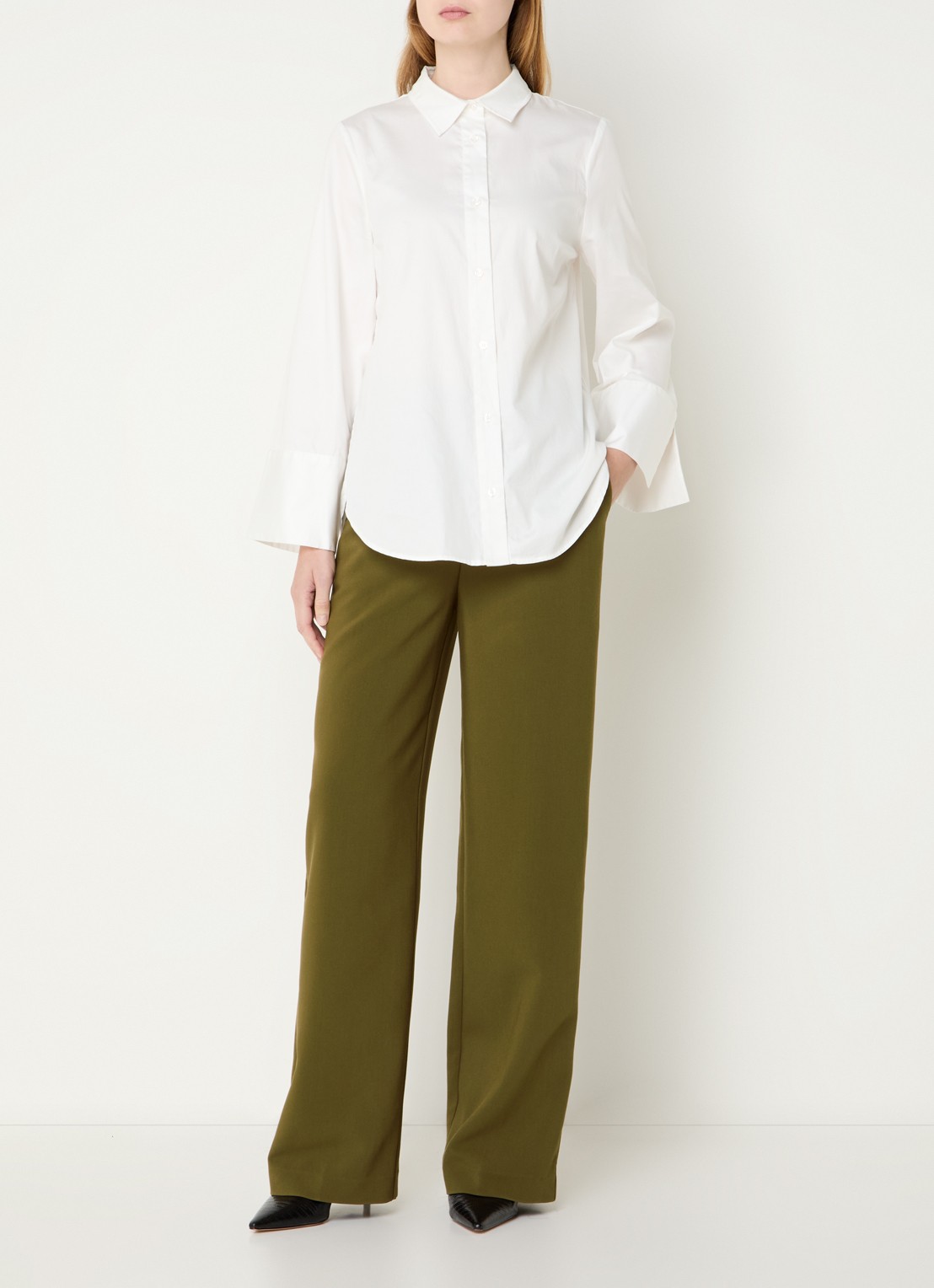 Modström Gale high waist straight fit pantalon met steekzakken en persplooi - voorkant 2 mosgroen