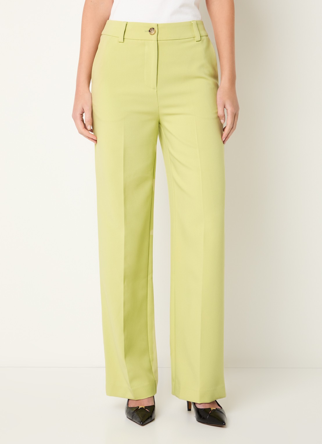 Modström Gale high waist straight fit pantalon met steekzakken en persplooi - detail 4 lime