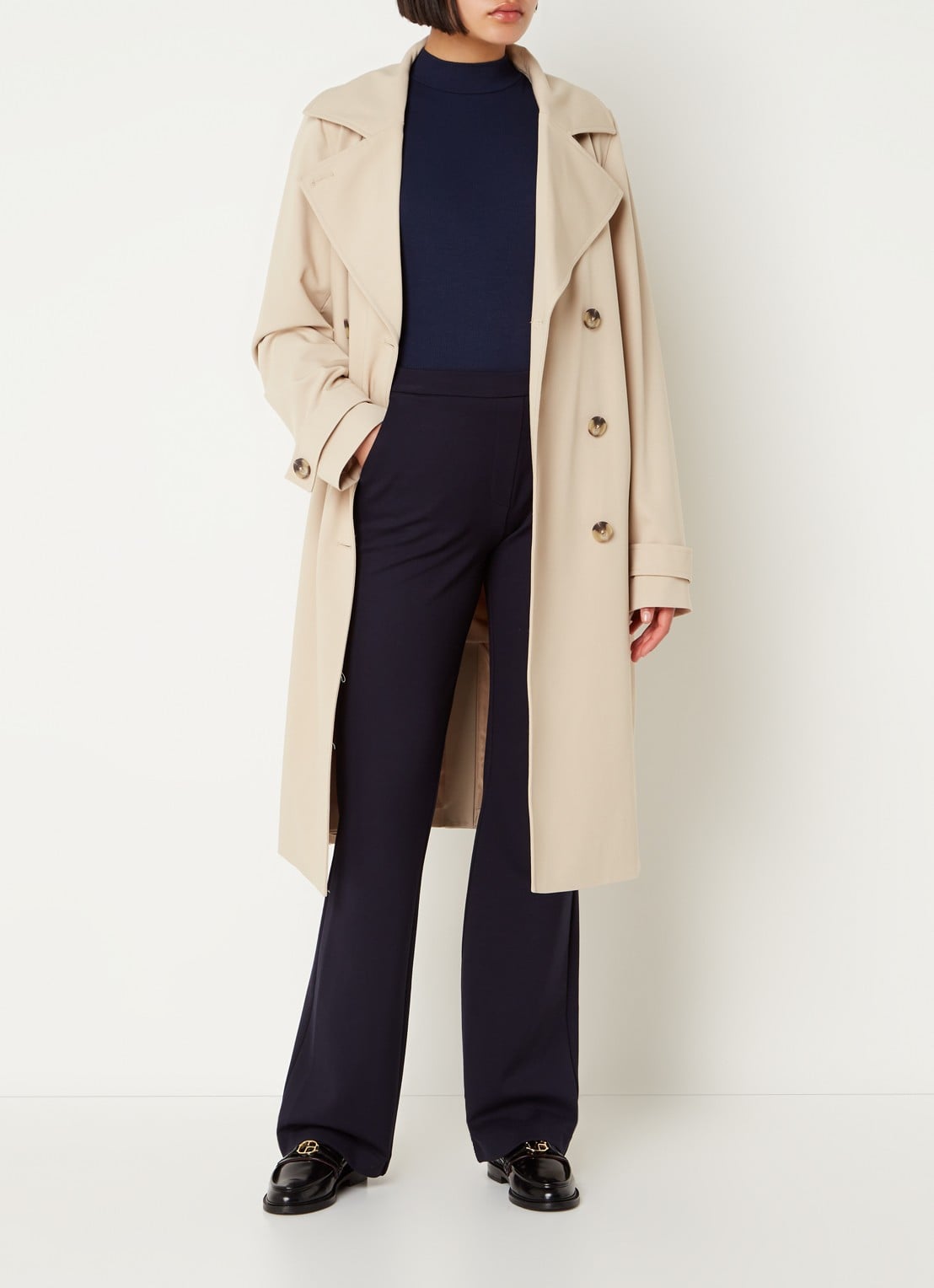 Modström Hiro trenchcoat met dubbele knopenrij en strikceintuur - voorkant 3 donkerbeige