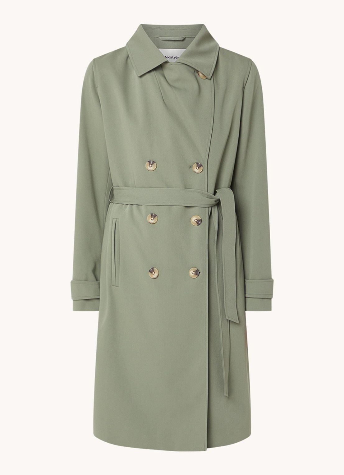 Modström Hiro trenchcoat met dubbele knopenrij en strikceintuur - voorkant 2 legergroen