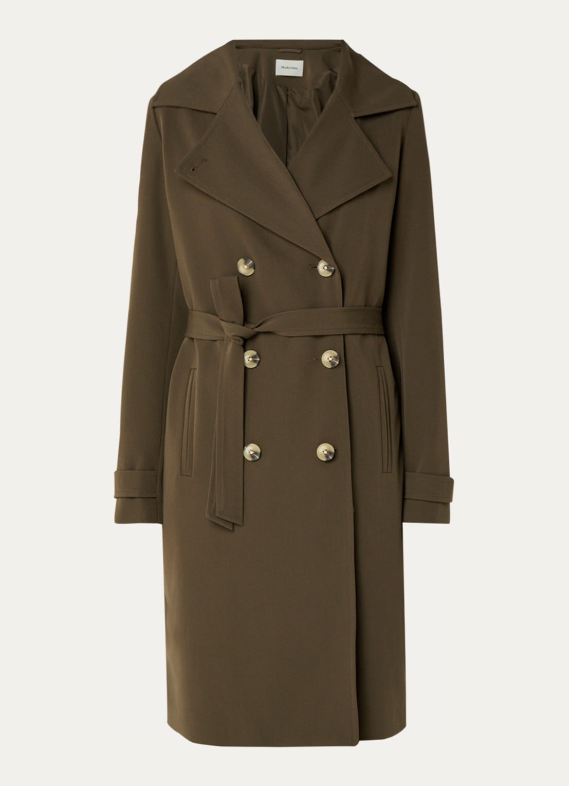 Modström Hiro trenchcoat met dubbele knopenrij en strikceintuur - voorkant 2 bronsgroen