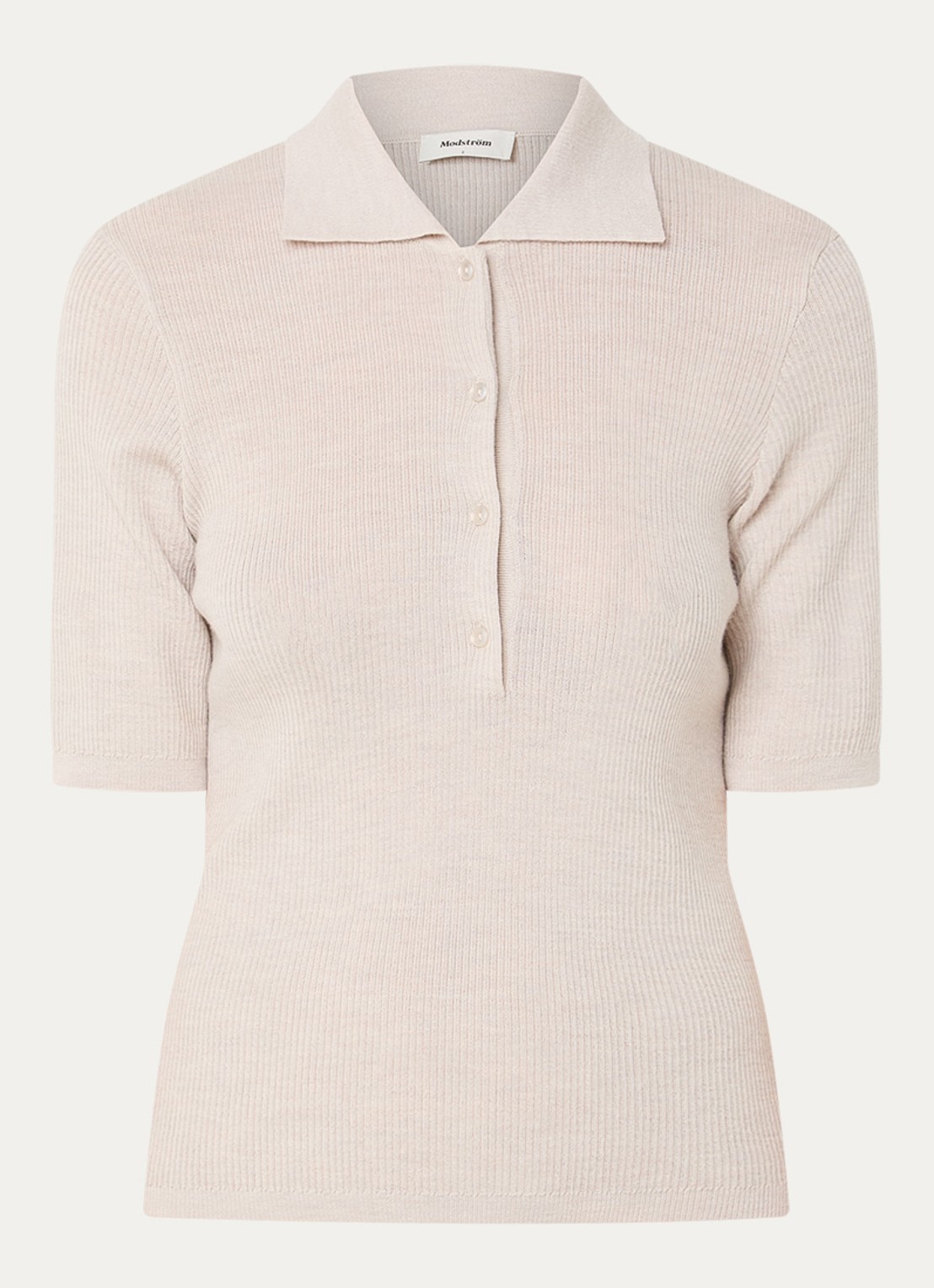 Modström Hiroki ribgebreide top van wol met polokraag - voorkant 2 beige