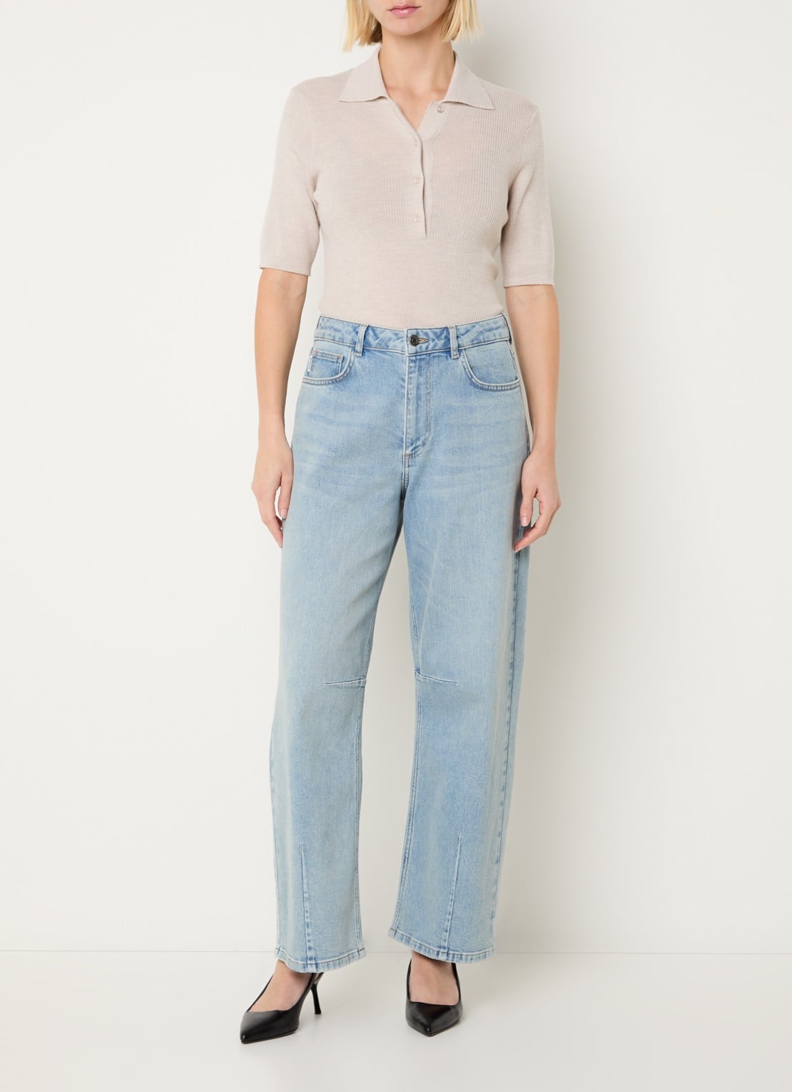 Modström Hiroki ribgebreide top van wol met polokraag - voorkant 3 beige