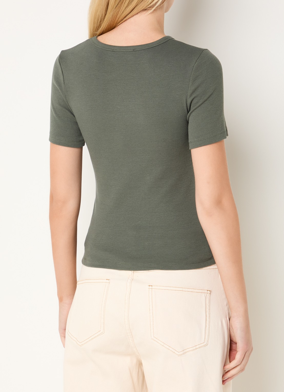 Modström Igor T-shirt met ribstructuur - achterkant legergroen