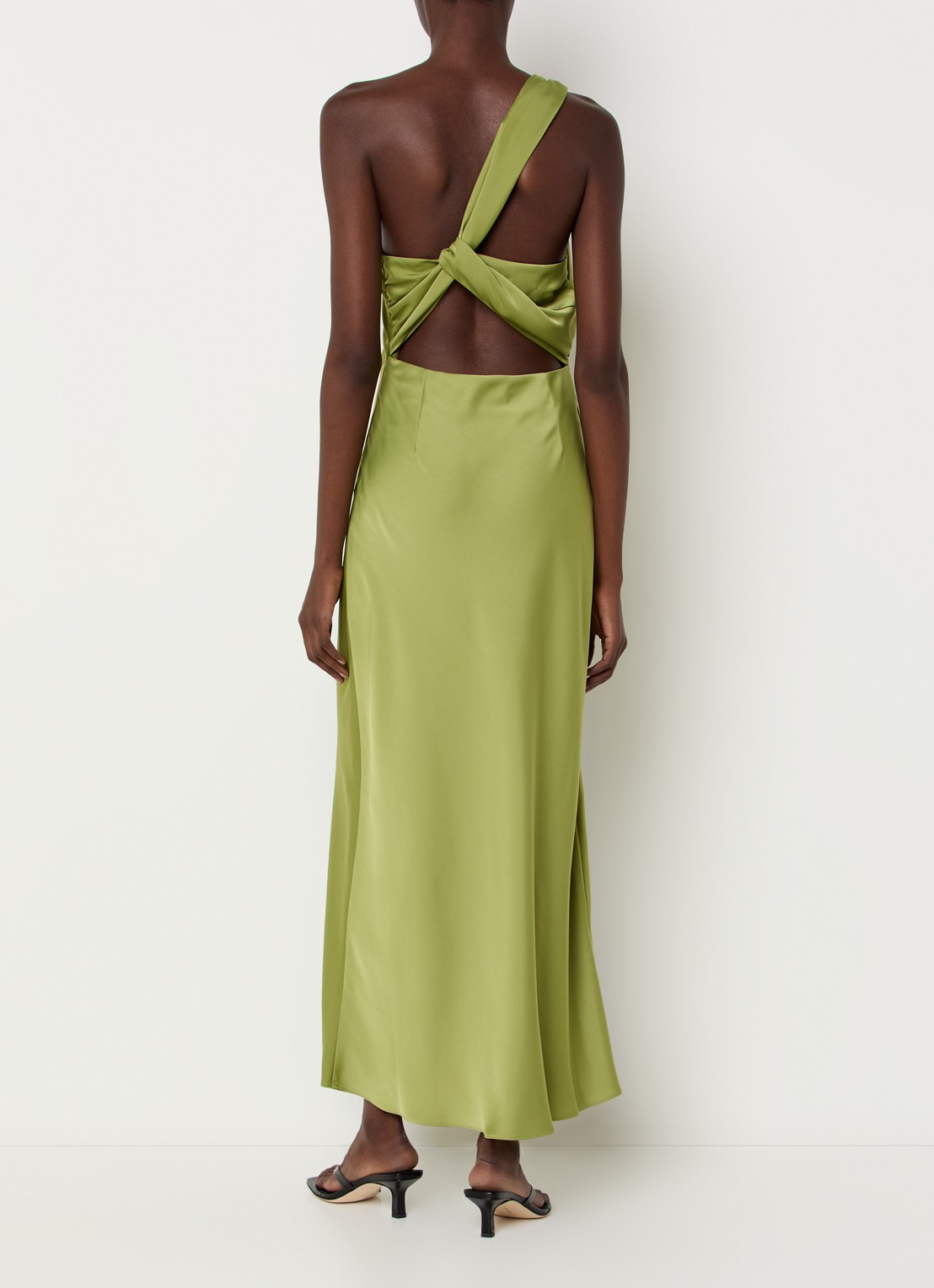 Modström Narcissa one shoulder midi jurk van satijn - achterkant 4 mosgroen